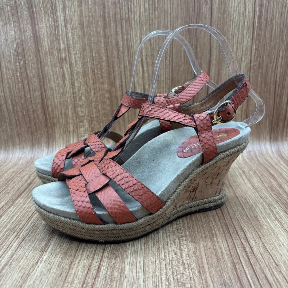 Earthie‎ Corsica Wedge Sandals Womens 8B Spice Orange Leather Snakeskin Braided